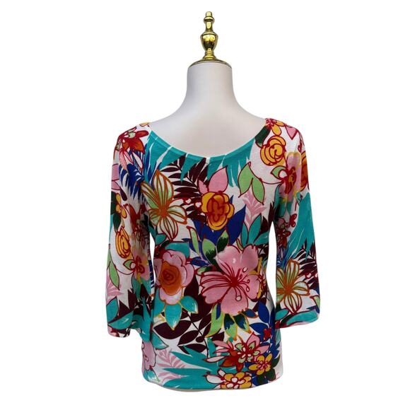 Boston Proper Top Sz M Bold Floral Print Stretch Split Sleeve Resortwear Vibrant - Picture 3 of 9